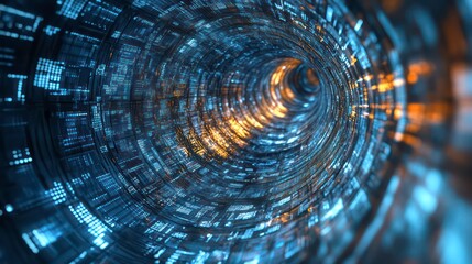 Abstract digital tunnel with glowing blue and orange lights.