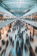 Crowded shopping mall with blurred motion of shoppers, retail stores, and a modern architecture design, showcasing consumerism and urban lifestyle.
