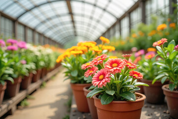 Vibrant flowering plants in clay pots inside a sunny greenhouse, showcasing natural beauty. Concept of blooming and plant nursery.