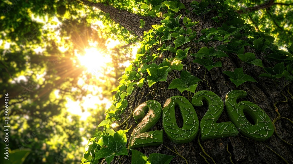 Poster 3d text design with intertwined vines and leaves on tree bark against a sunlit forest background
