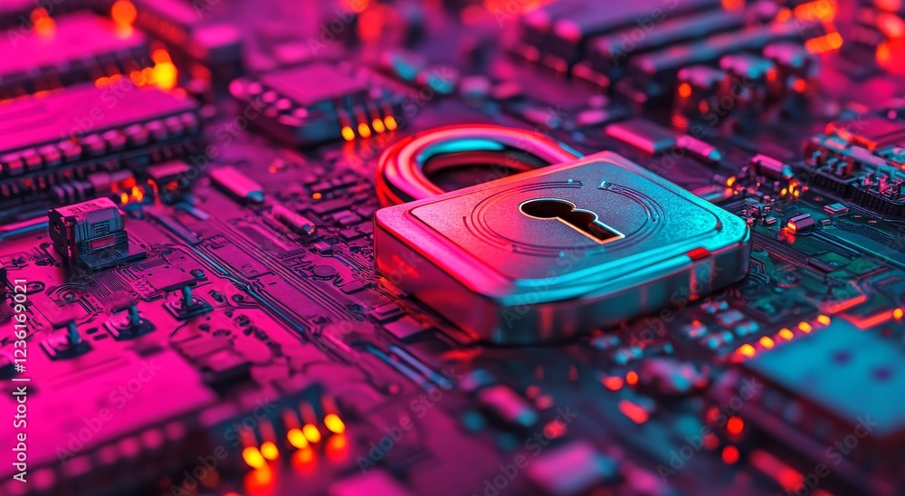 Poster digital network with a glowing padlock icon embodies cybersecurity concept, showcasing neon colors a