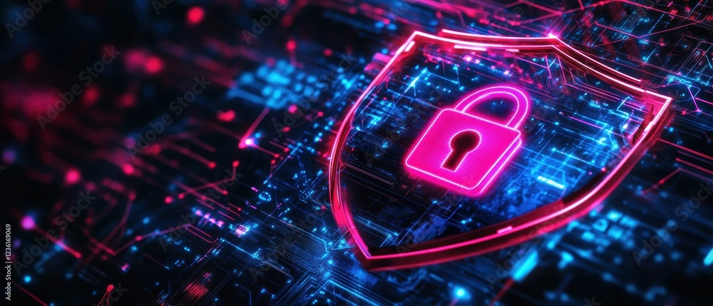 Poster cybersecurity concept with digital lock symbol on glowing shield, representing data protection, onli