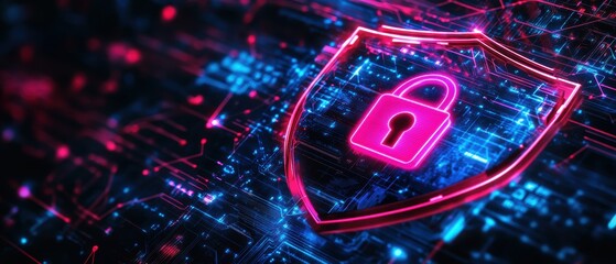 Cybersecurity concept with digital lock symbol on glowing shield, representing data protection, online security measures, and encryption technology in modern networks.