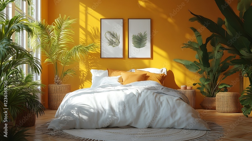 Aufkleber frame mockup integrated into vibrant nomadic bedroom interior viewed frontal angle showcase dynamic 