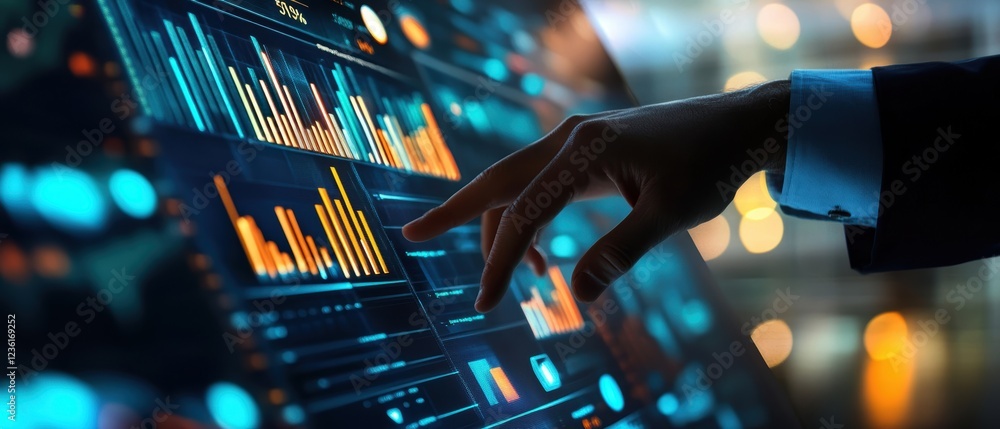 Poster data analysis on a touchscreen display, showcasing financial graphs and metrics for business strateg