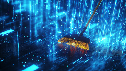 A broom sweeping blue digital data particles, symbolizing the cleaning and organization of digital information in a futuristic, tech-driven environment.