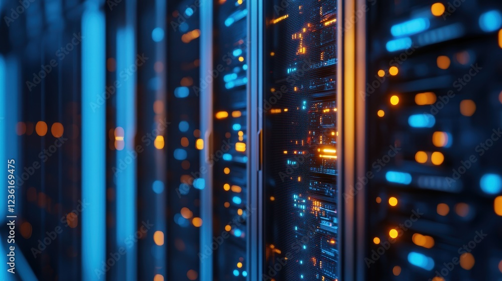 Poster data center servers with illuminated ports, featuring advanced technology for cloud computing, digit