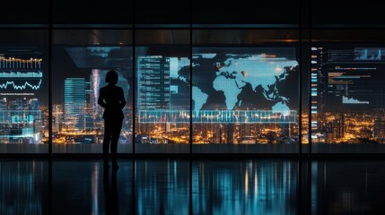 Data analyst observing world map and financial graphs in modern office, exploring market trends and digital technology for strategic business decisions at night.