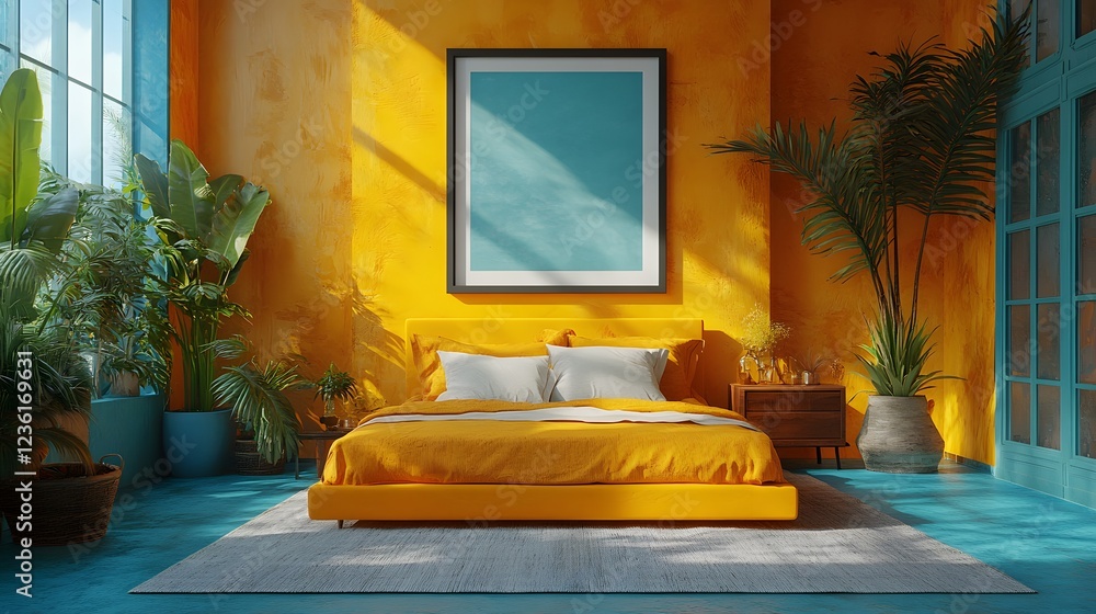 Aufkleber frame mockup integrated into vibrant nomadic bedroom interior viewed frontal angle showcase dynamic 