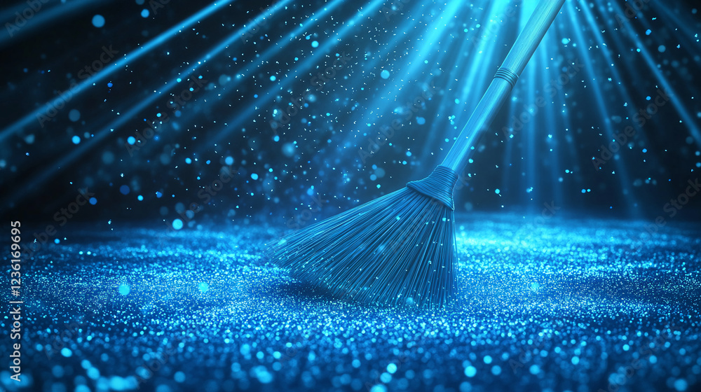 Poster a broom sweeping blue digital data particles, representing the act of cleaning or organizing digital