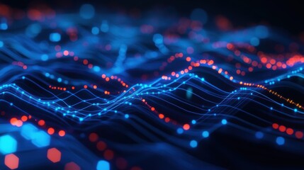 Data visualization, digital waves and abstract patterns with glowing lights for financial analysis, technological concepts, and innovation in data science.