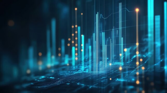 Data visualization, financial trends and stock market analysis with dynamic graphs and digital technology on screen for investment strategies and forecasting.