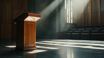 Wooden podium in sunlit hall, empty seats, speech