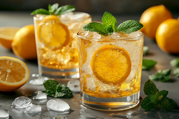 Fototapeta premium Two vibrant bitter lemon cocktails feature slices of lemon and sprigs of mint, surrounded by ice cubes and fresh lemon halves on a rustic wooden table.