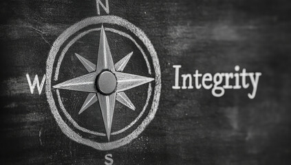 Chalkboard featuring a compass and the word integrity symbolizing direction and moral values in life. Ideal for concepts of ethics, honesty, and trust in personal and professional contexts.