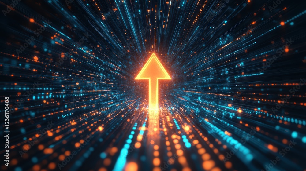 Poster digital arrow symbolizing growth emerging from vibrant data streams, illustrating concepts of progre