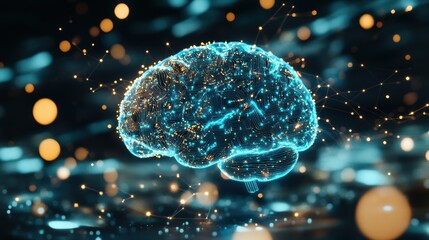 Digital brain design demonstrating neural connections and artificial intelligence concepts with glowing particles and futuristic technology visualization.