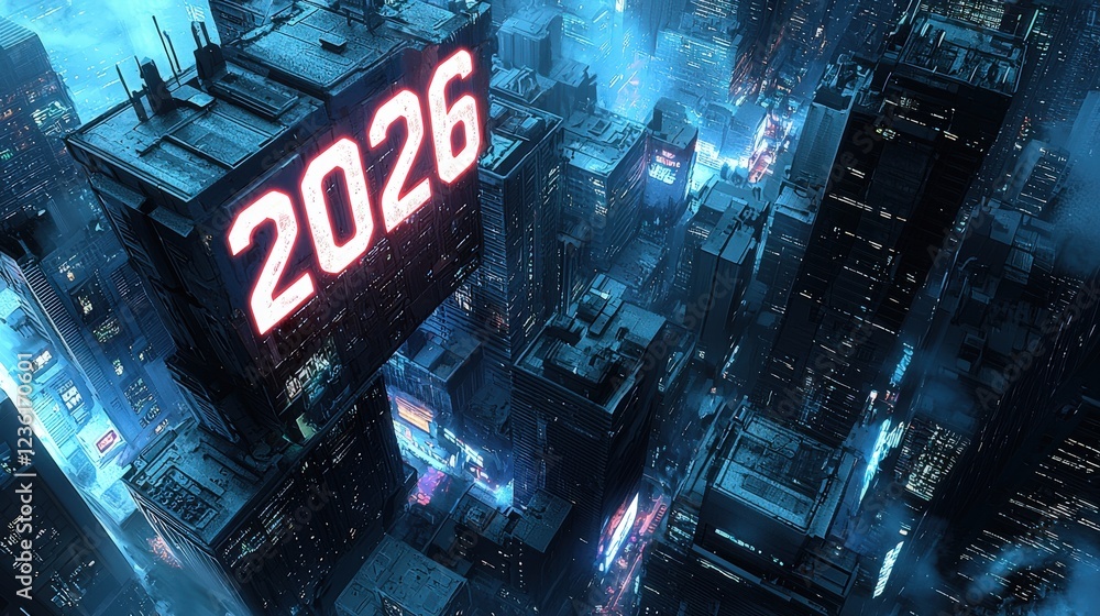 Poster shiny metallic cubes hovering above a futuristic cityscape in 3d with neon lights and a cyberpunk at