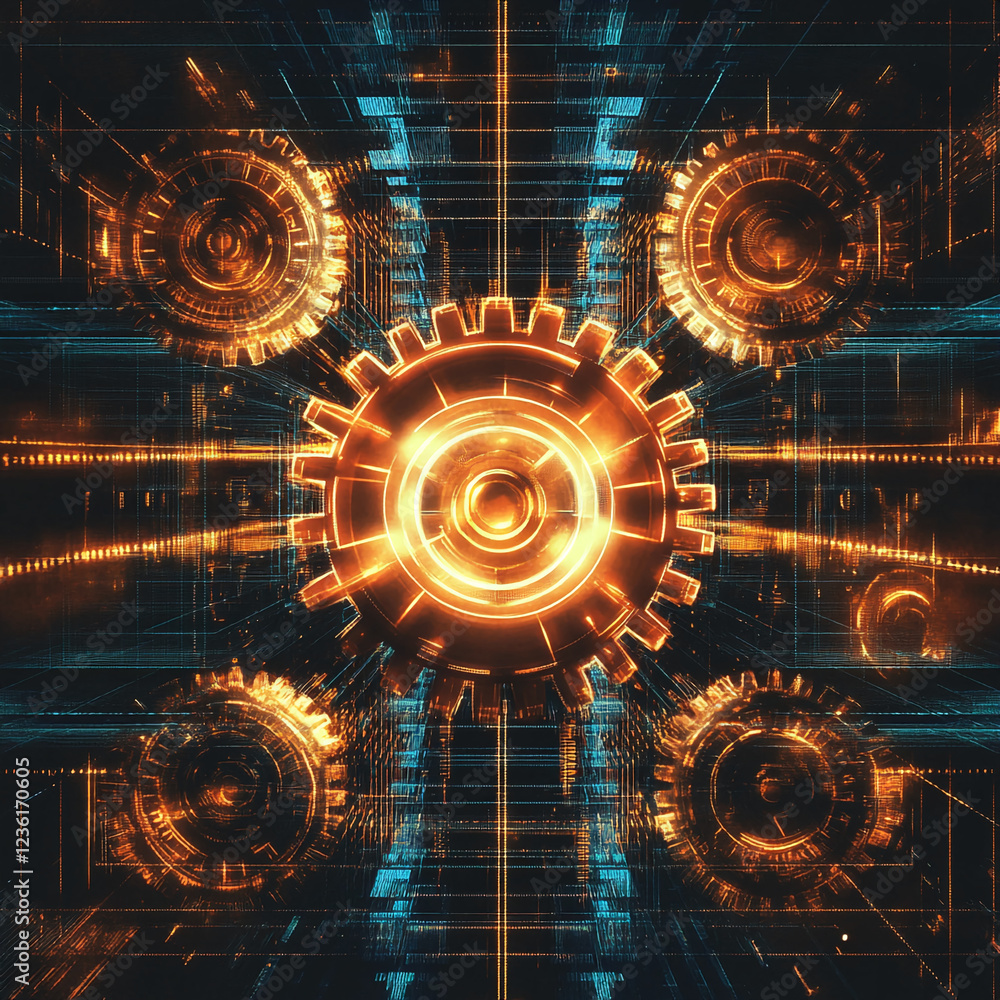 Aufkleber Abstract digital technology background with glowing golden gears and neon blue data streams. Represents digital transformation, mechanics, or advanced technology systems.