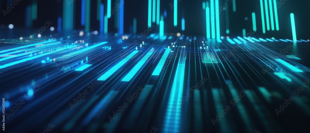 Poster digital data streams with glowing blue lines and vibrant light effects representing technology, inno