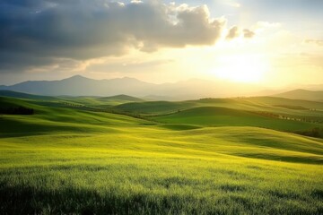 Obraz premium ' Sunset over rolling green hills landscape with mountains in the background.
