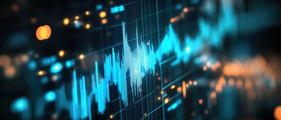 Digital financial data, stock market analysis, and trading signals with dynamic graphs showcasing trends in revenue, investment strategies, and market fluctuations.