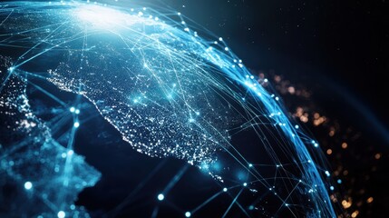Digital globe with glowing network connections representing global communication, technology, and data exchange, showcasing innovation and interconnectedness worldwide.