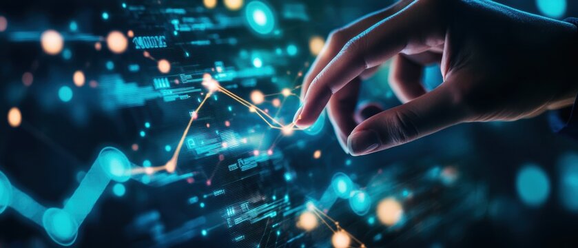 Digital hand interacting with futuristic financial data analytics, stock market graphs, and technology trends represented through glowing connections and financial insights.