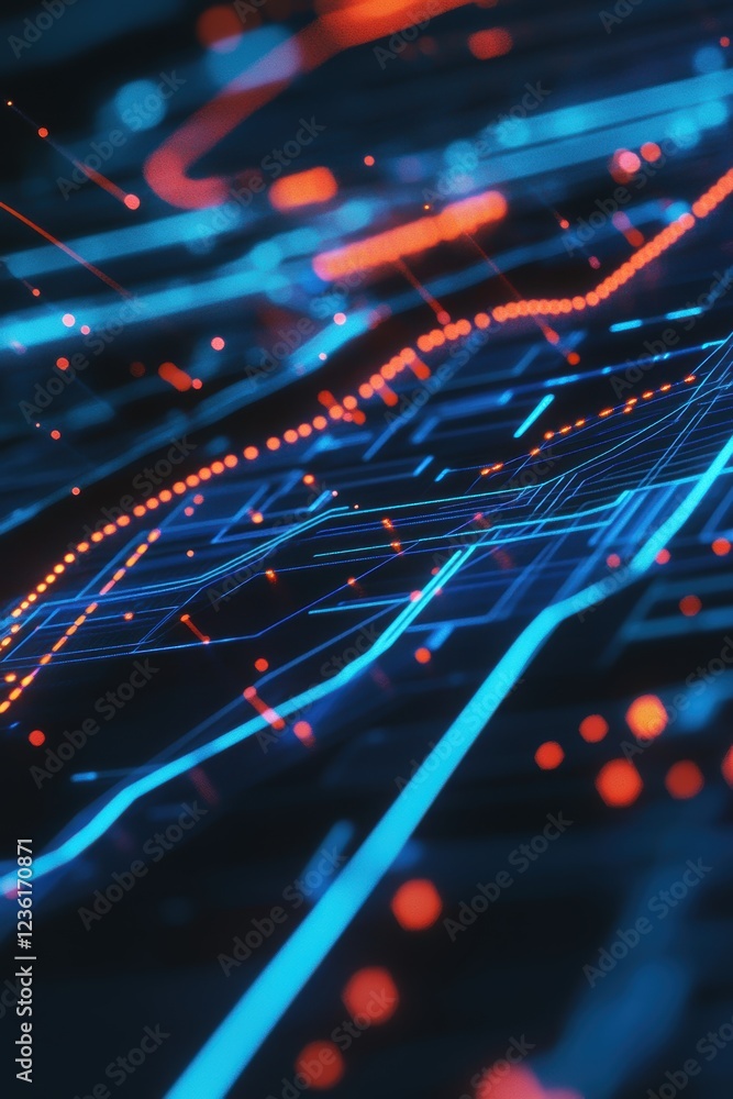 Poster digital network connections, abstract technology background with glowing blue and red lines, data fl