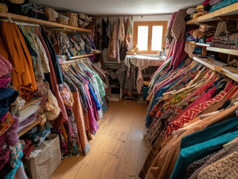 A costume designer's workshop filled with vibrant fabrics, mannequins, and sketches pinned to the wall, Dramatic style, Rich colors, Wide-angle shot.