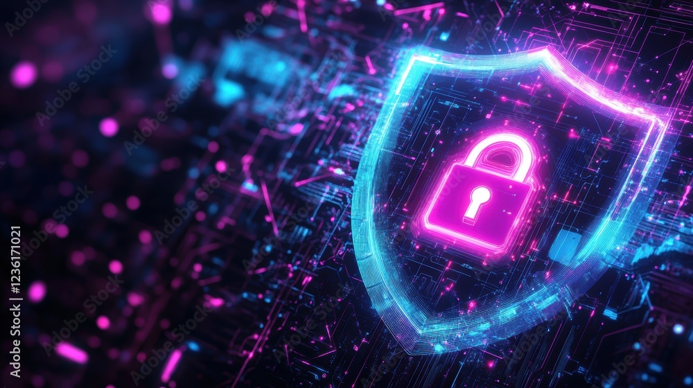 Poster digital security concept featuring a glowing shield with a padlock, representing cybersecurity, data