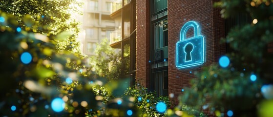 Digital security concept with glowing padlock symbol on building, representing privacy and protection in urban environment. Technology and safety in nature.