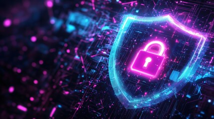 Digital security concept featuring a glowing shield with a padlock, representing cybersecurity, data protection, and online safety in modern technology.