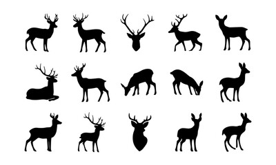 Fototapeta premium Deer Silhouettes Vector Collection, featuring 24 unique poses of deer, perfect for nature-themed designs, hunting graphics, and wildlife illustrations. deer in various activities