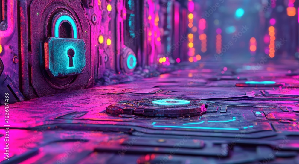 Poster glowing padlock symbolizes cybersecurity concept within a digital network scene of neon colors and i