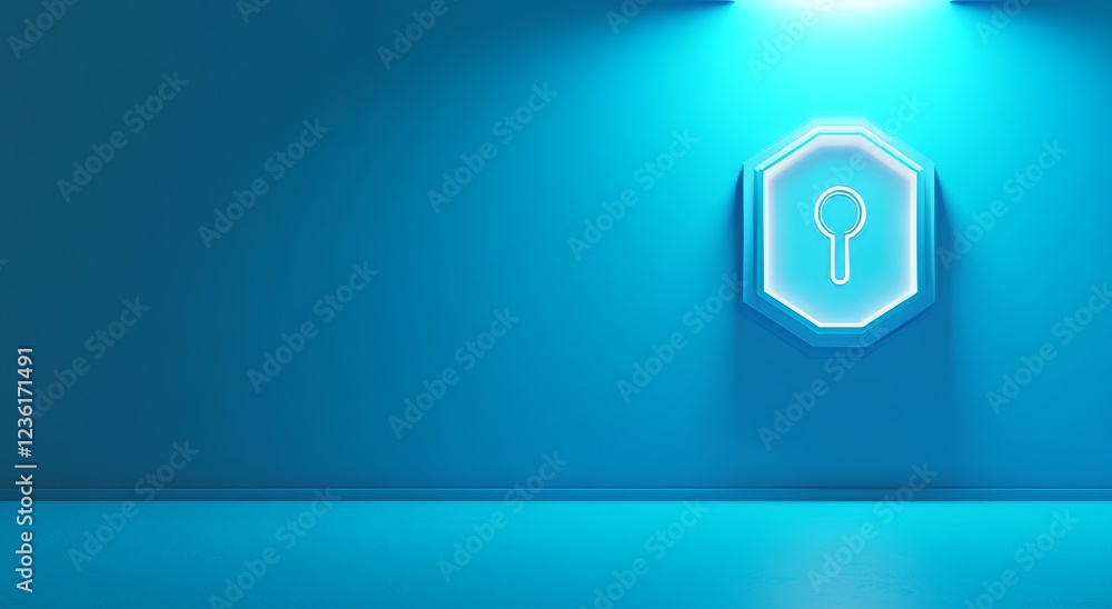 Poster blue diamond shield with a glowing holographic projection, representing cybersecurity in futuristic 