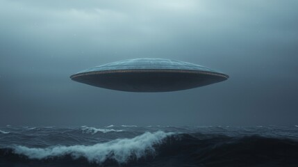 Mysterious UFO Hovering Over Dark Ocean Waters on Gloomy Day