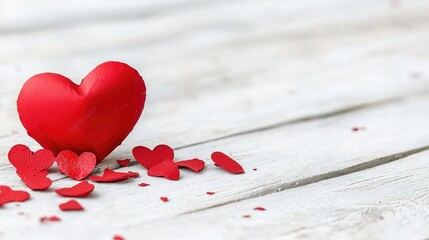 Fototapeta premium Red decorative heart with small paper hearts on a white wooden table during daytime.