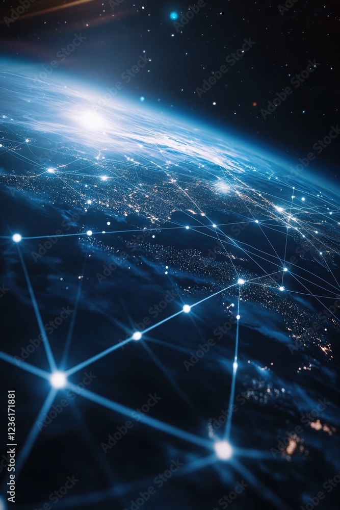 Poster earth from space showing network connectivity with glowing lines symbolizing digital communication, 