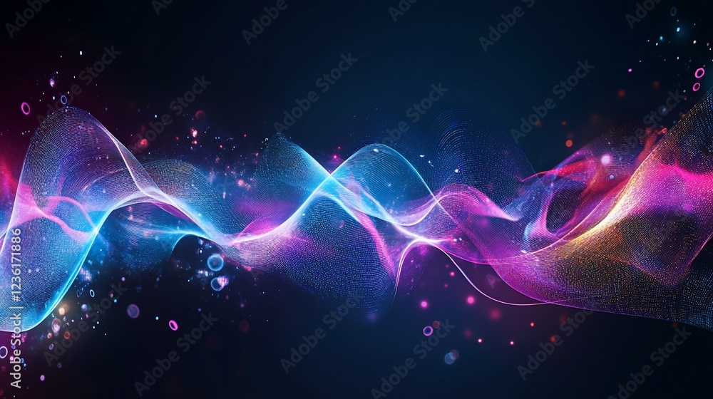 Poster abstract wavy lines with dotted textures and glowing particle effects on dark background
