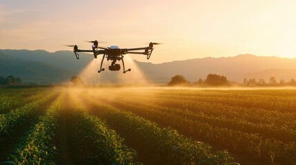 Drone technology in agriculture, spraying crops on farmland at sunset, showcasing modern farming methods and sustainable practices for enhanced productivity.