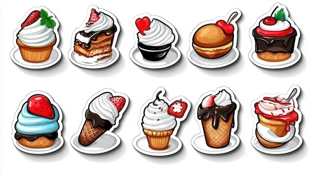 Delicious variety of desserts, including cupcakes and ice cream, on white isolate background.