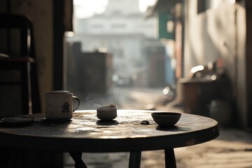 Obraz premium Outdoor table with tea cups in a narrow street with blurred background.