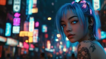 Vibrant Urban Nightlife Scene Featuring Young Woman with Blue Hair and Neon Lights in Background