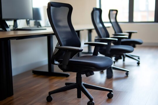 Row of empty modern black ergonomic office chairs with mesh backs, standing in an office space with wooden floor