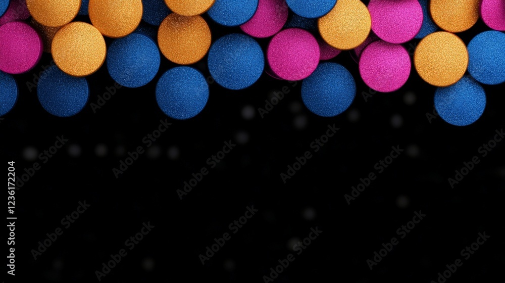 Poster Abstract Colorful Sphere Pattern: A captivating abstract design featuring vibrant blue, pink, and orange spheres arranged in a dynamic pattern against a stark black background.