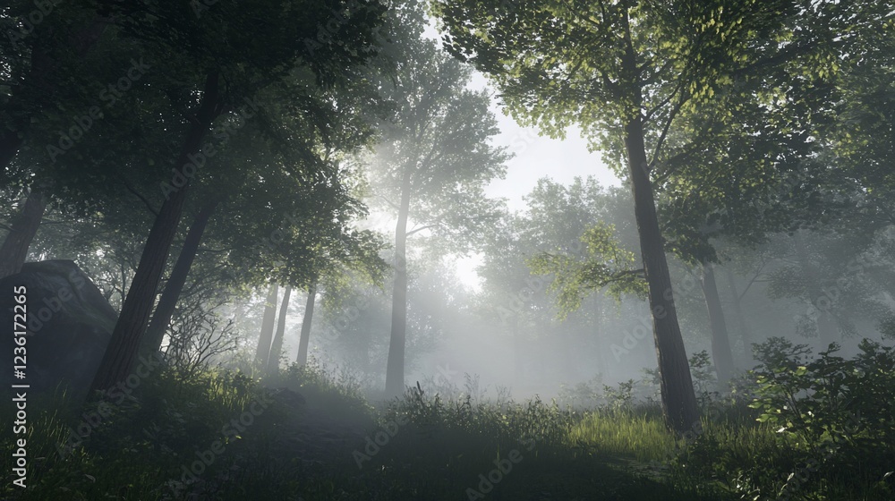 Poster misty forest scene with sunlight filtering through the canopy and towering trees