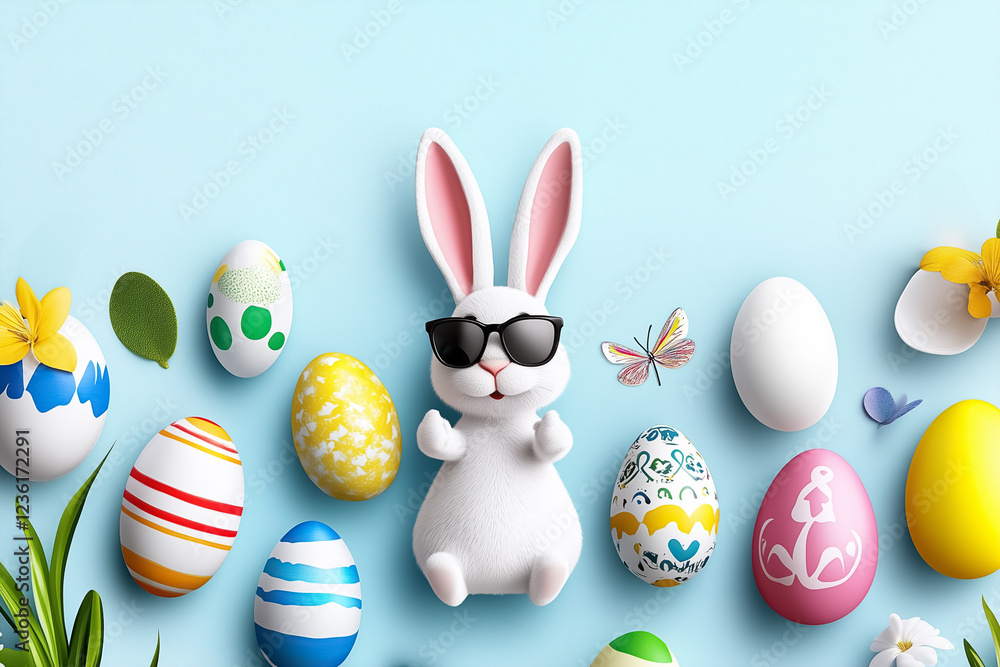 Poster a cheerful bunny poses with sunglasses amid various vibrant eggs in multiple patterns. this lively s