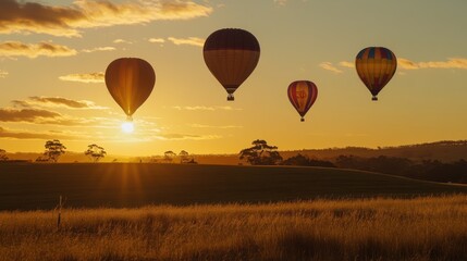 Obraz premium Colorful hot air balloons soaring above a golden landscape during a beautiful sunset in the countryside