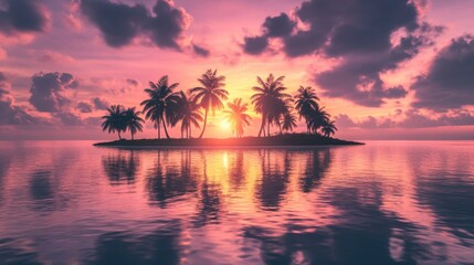 Serene Tropical Island at Sunset with Palm Trees Reflecting on Calm Waters in Colorful Sky